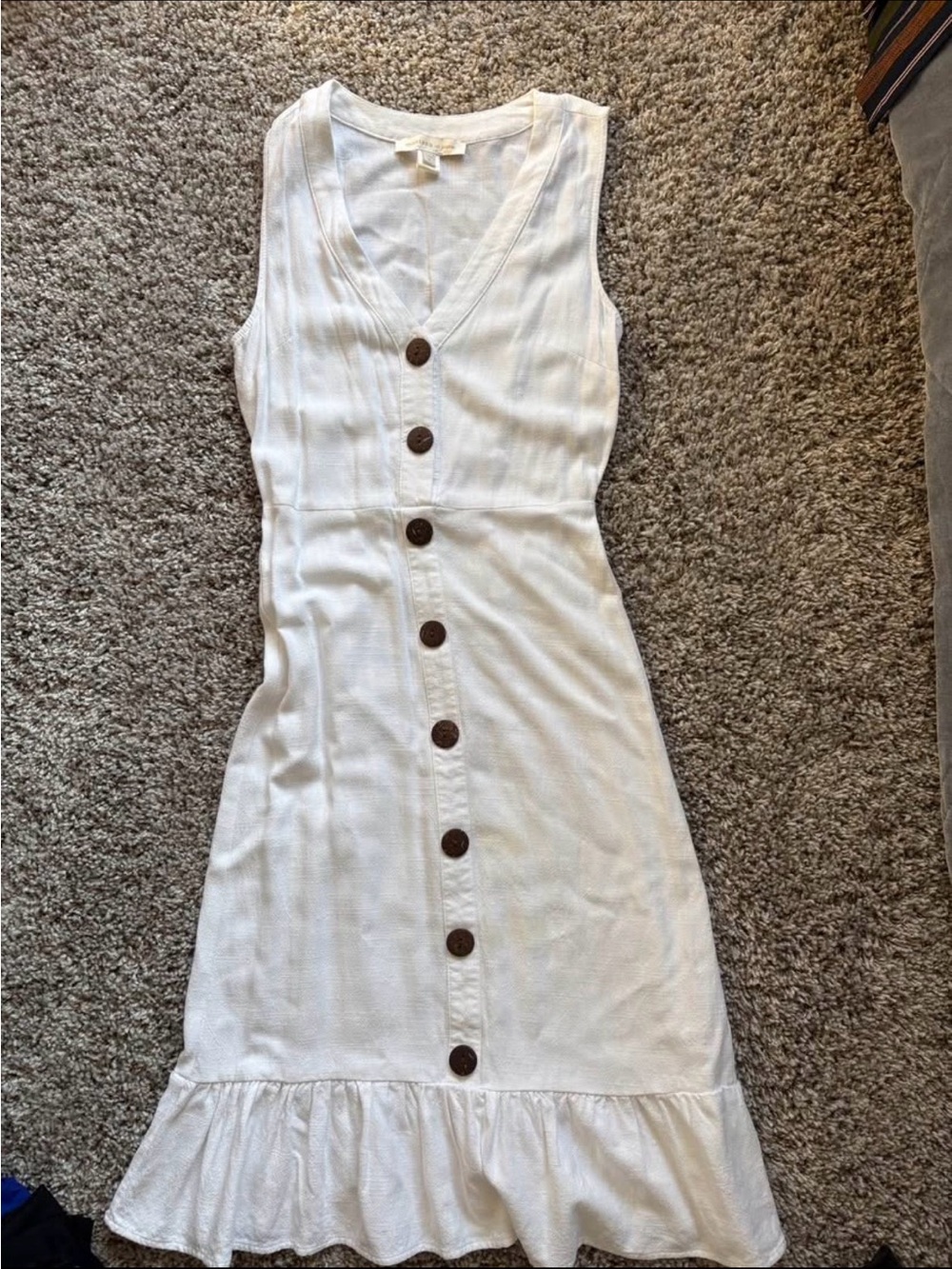 White Sleeveless Button-Front V-Neck Midi Dress with Brown Buttons